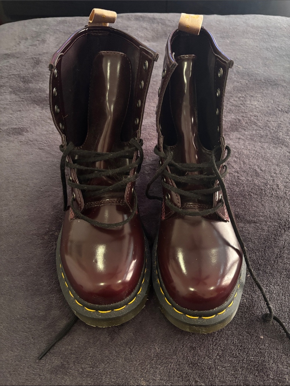 Burgundy Combat Boots with Yellow Stitching